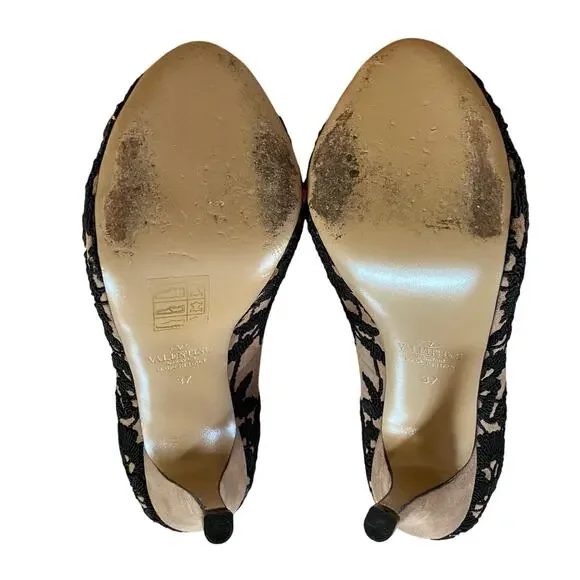 Valentino Garavani Suede Lace Peep Toe Heels 37 Nude Black Floral Embroidery - Picture 11 of 13
